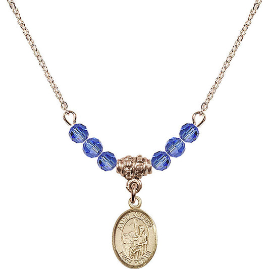 14kt Gold Filled Saint Jerome Birthstone Necklace with Sapphire Beads - 9135