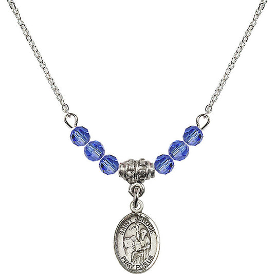 Sterling Silver Saint Jerome Birthstone Necklace with Sapphire Beads - 9135