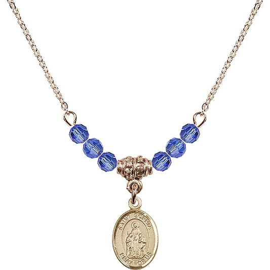 14kt Gold Filled Saint Sophia Birthstone Necklace with Sapphire Beads - 9136