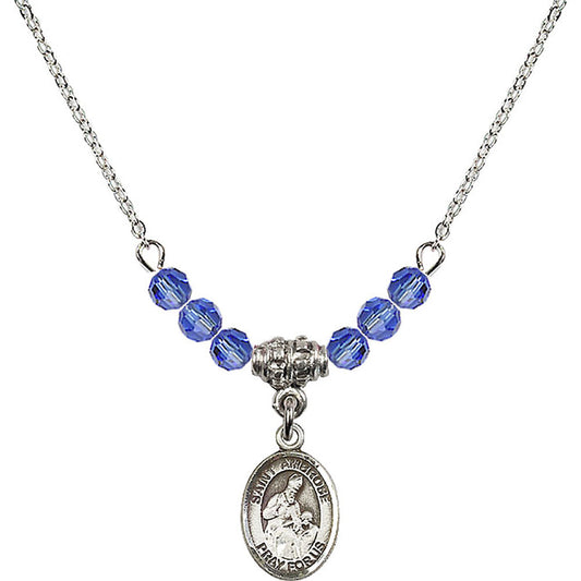 Sterling Silver Saint Ambrose Birthstone Necklace with Sapphire Beads - 9137