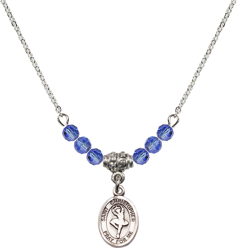 Sterling Silver Saint Christopher/Dance Birthstone Necklace with Sapphire Beads - 9143