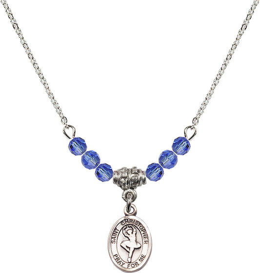 Sterling Silver Saint Christopher/Dance Birthstone Necklace with Sapphire Beads - 9143