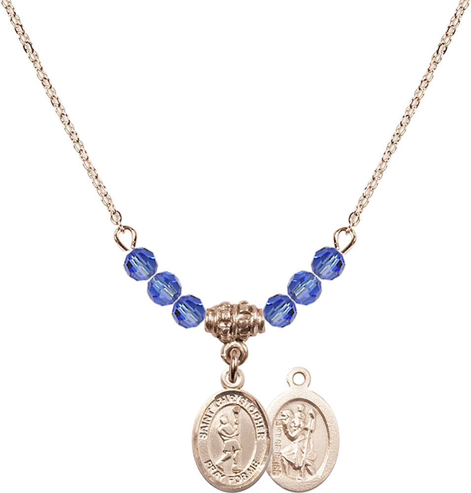 14kt Gold Filled Saint Christopher/Lacrosse Birthstone Necklace with Sapphire Beads - 9144