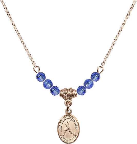 14kt Gold Filled Saint Christopher/Baseball Birthstone Necklace with Sapphire Beads - 9150