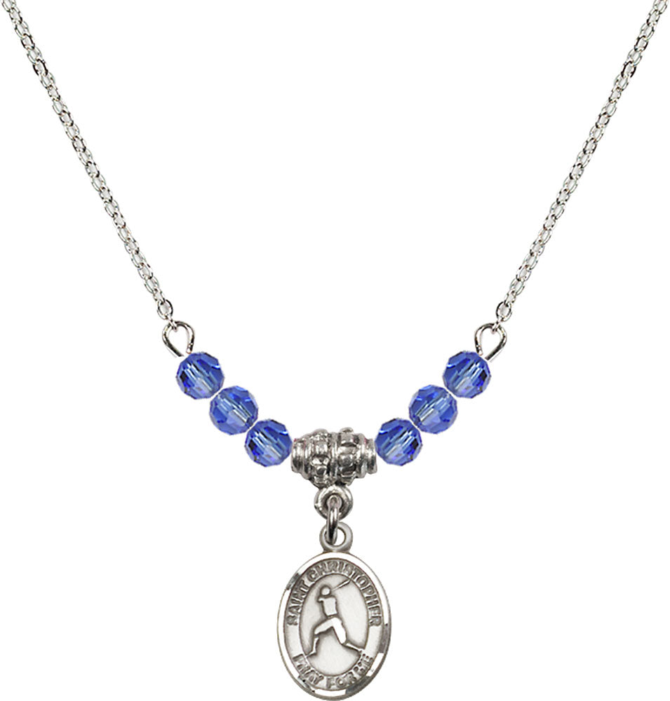 Sterling Silver Saint Christopher/Baseball Birthstone Necklace with Sapphire Beads - 9150