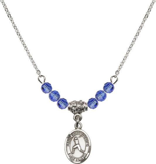Sterling Silver Saint Christopher/Baseball Birthstone Necklace with Sapphire Beads - 9150