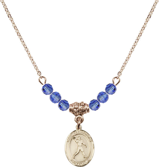 14kt Gold Filled Saint Christopher/Football Birthstone Necklace with Sapphire Beads - 9151