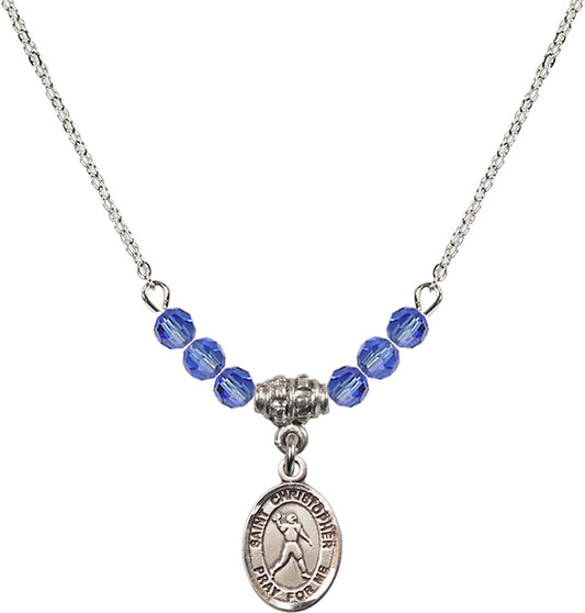 Sterling Silver Saint Christopher/Football Birthstone Necklace with Sapphire Beads - 9151