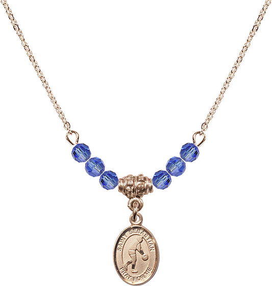 14kt Gold Filled Saint Sebastian/Basketball Birthstone Necklace with Sapphire Beads - 9163