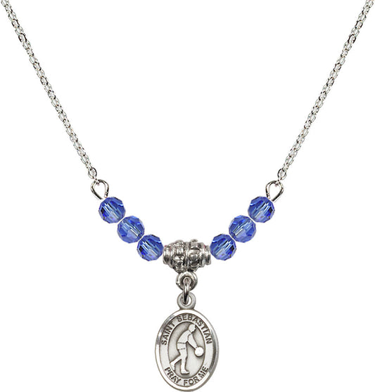 Sterling Silver Saint Sebastian/Basketball Birthstone Necklace with Sapphire Beads - 9163