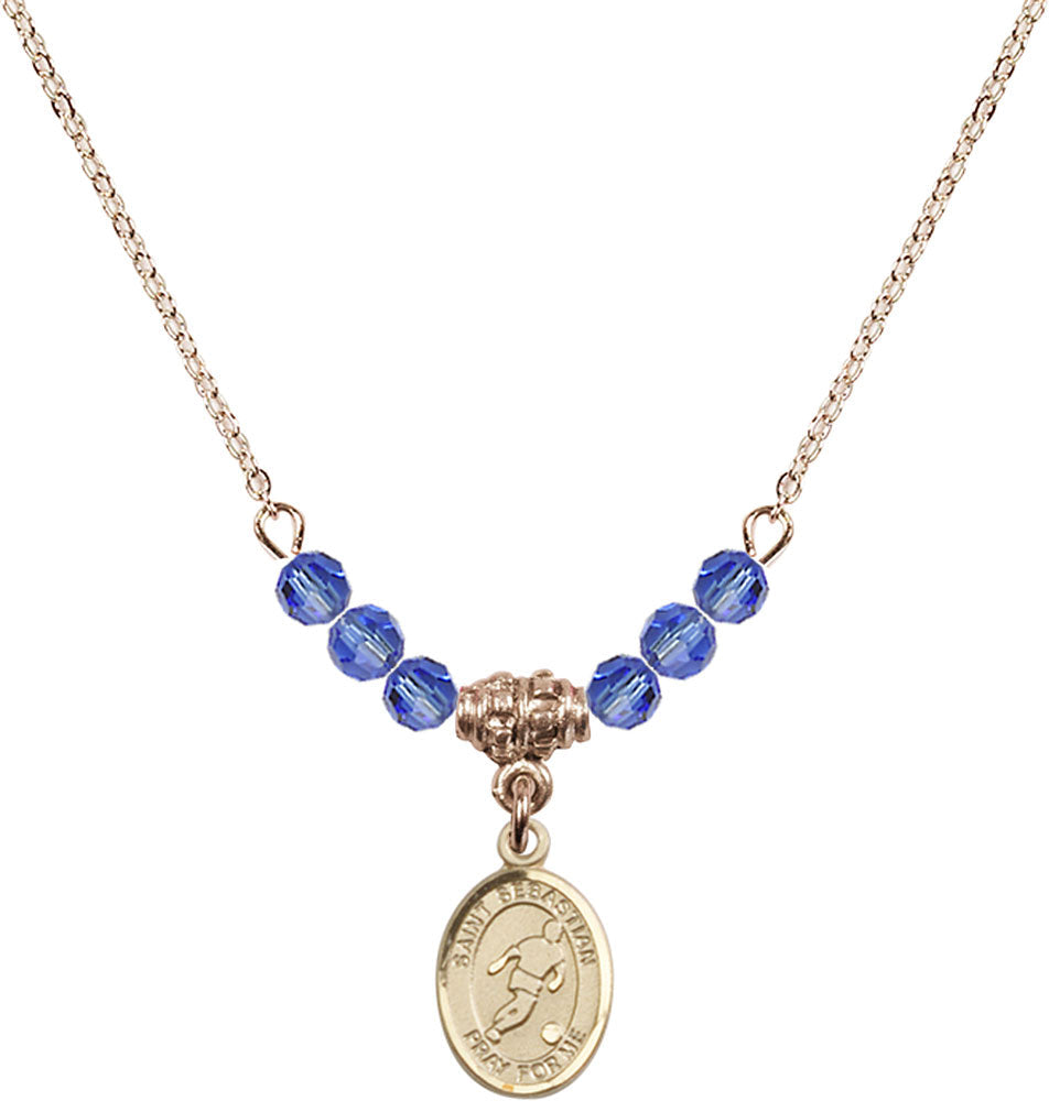 14kt Gold Filled Saint Sebastian/Soccer Birthstone Necklace with Sapphire Beads - 9164