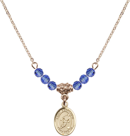 14kt Gold Filled Saint Sebastian/Soccer Birthstone Necklace with Sapphire Beads - 9164
