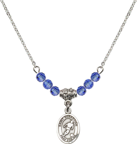 Sterling Silver Saint Sebastian/Soccer Birthstone Necklace with Sapphire Beads - 9164