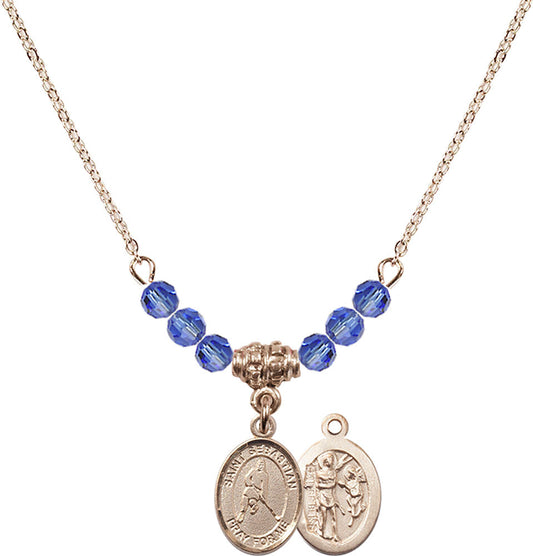 14kt Gold Filled Saint Sebastian/Ice Hockey Birthstone Necklace with Sapphire Beads - 9165