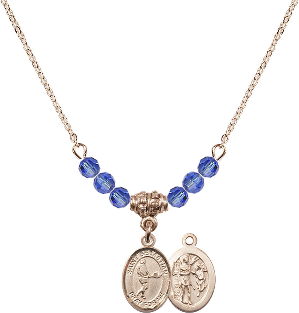 14kt Gold Filled Saint Sebastian/Tennis Birthstone Necklace with Sapphire Beads - 9166
