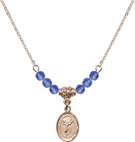 14kt Gold Filled Saint Sebastian/Cheerleading Birthstone Necklace with Sapphire Beads - 9170
