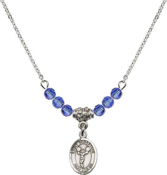 Sterling Silver Saint Sebastian/Cheerleading Birthstone Necklace with Sapphire Beads - 9170