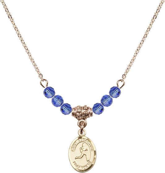 14kt Gold Filled Saint Sebastian/Track & Field Birthstone Necklace with Sapphire Beads - 9176