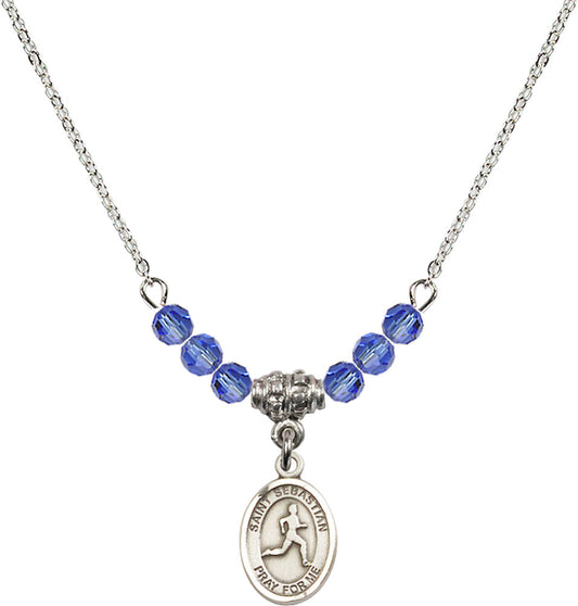 Sterling Silver Saint Sebastian/Track & Field Birthstone Necklace with Sapphire Beads - 9176