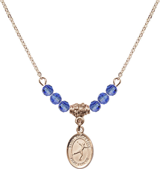 14kt Gold Filled Saint Sebastian/Figure Skating Birthstone Necklace with Sapphire Beads - 9177