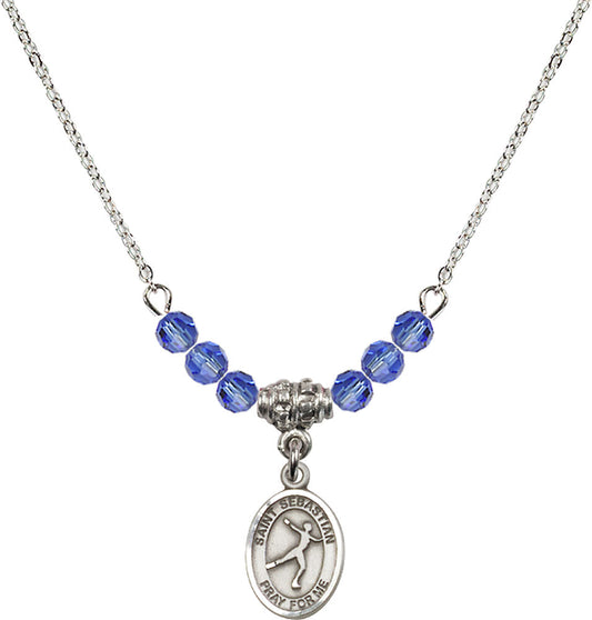 Sterling Silver Saint Sebastian/Figure Skating Birthstone Necklace with Sapphire Beads - 9177