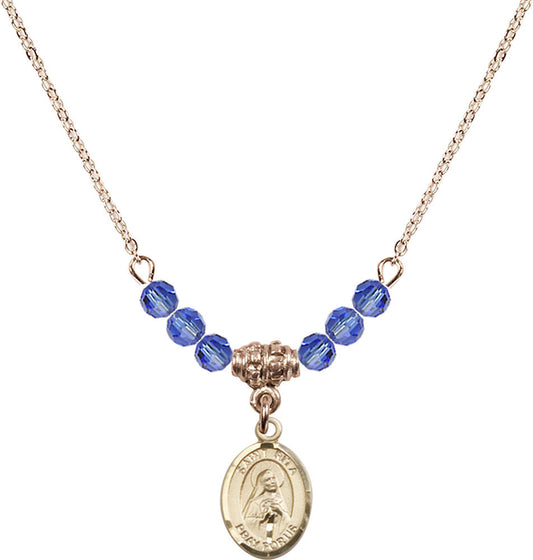 14kt Gold Filled Saint Rita / Baseball Birthstone Necklace with Sapphire Beads - 9181