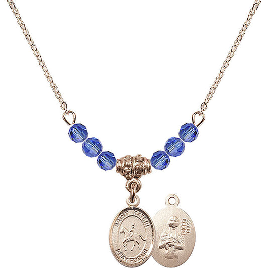 14kt Gold Filled Saint Kateri/Equestrian Birthstone Necklace with Sapphire Beads - 9182