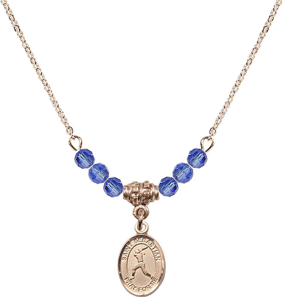 14kt Gold Filled Saint Sebastian/Softball Birthstone Necklace with Sapphire Beads - 9183