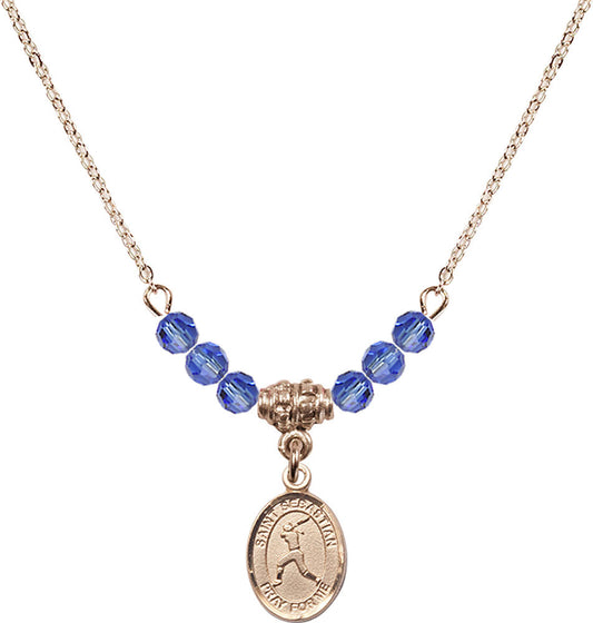 14kt Gold Filled Saint Sebastian/Softball Birthstone Necklace with Sapphire Beads - 9183
