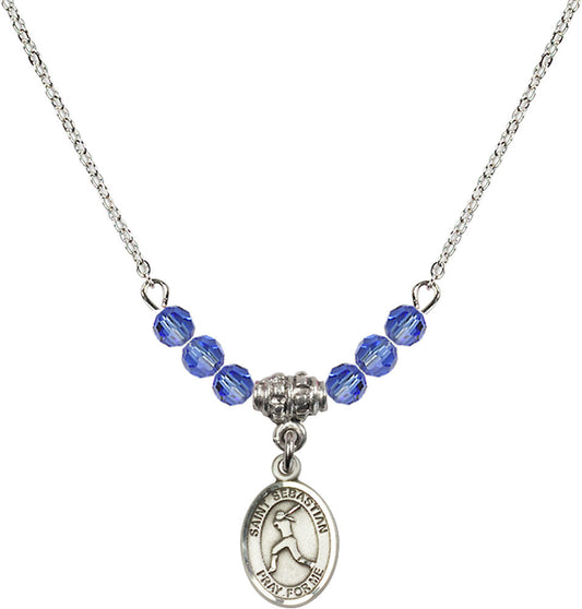 Sterling Silver Saint Sebastian/Softball Birthstone Necklace with Sapphire Beads - 9183