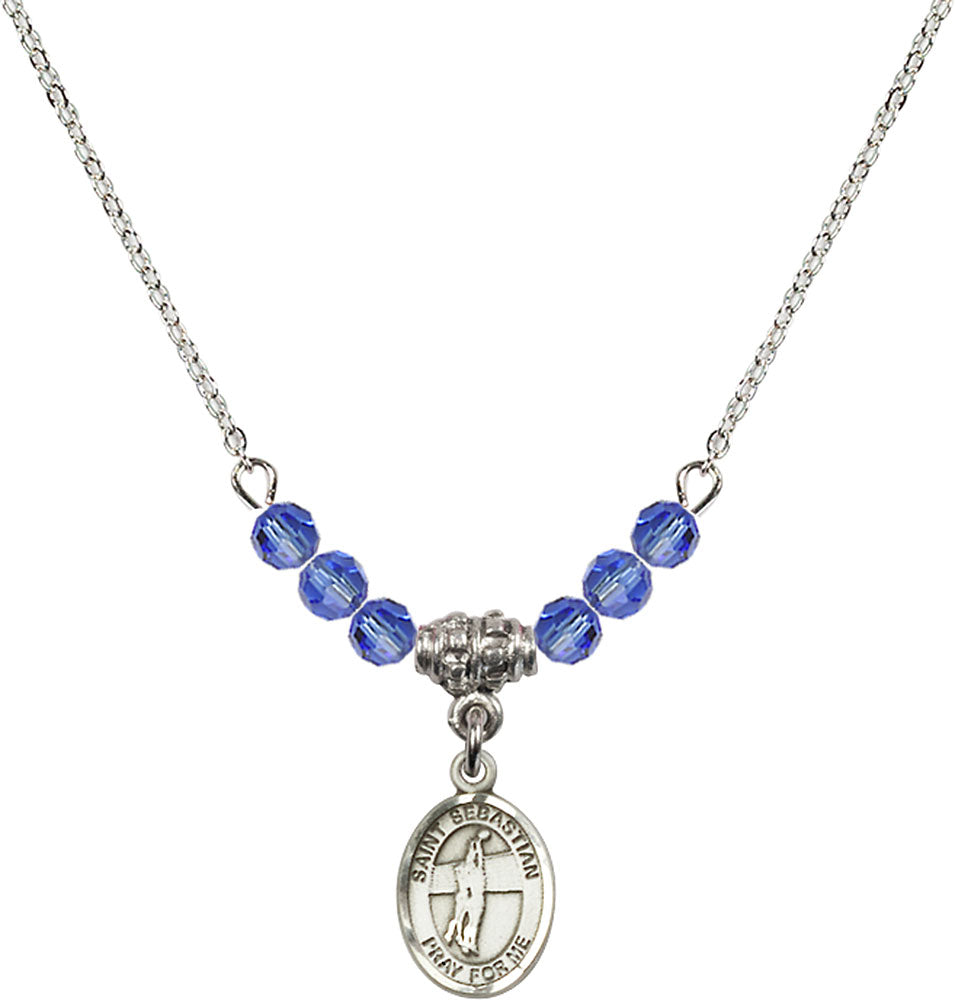 Sterling Silver Saint Sebastian / Volleyball Birthstone Necklace with Sapphire Beads - 9186