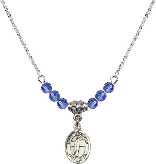 Sterling Silver Saint Sebastian / Volleyball Birthstone Necklace with Sapphire Beads - 9186