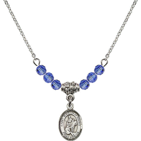 Sterling Silver Saint Martin of Tours Birthstone Necklace with Sapphire Beads - 9200