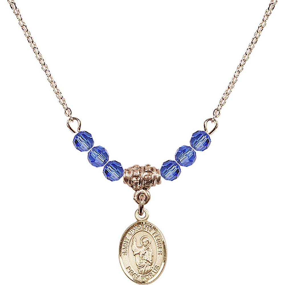 14kt Gold Filled Saint Vincent Ferrer Birthstone Necklace with Sapphire Beads - 9201