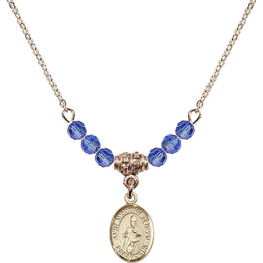 14kt Gold Filled Saint Augustine of Hippo Birthstone Necklace with Sapphire Beads - 9202