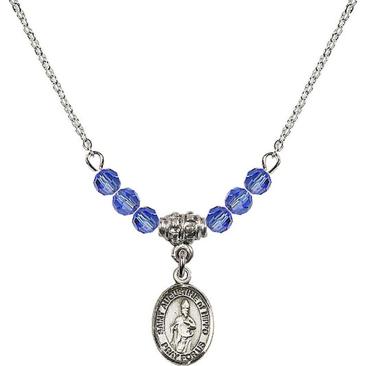 Sterling Silver Saint Augustine of Hippo Birthstone Necklace with Sapphire Beads - 9202