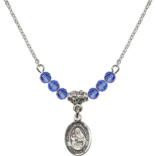 Sterling Silver Madonna del Ghisallo Birthstone Necklace with Sapphire Beads - 9203