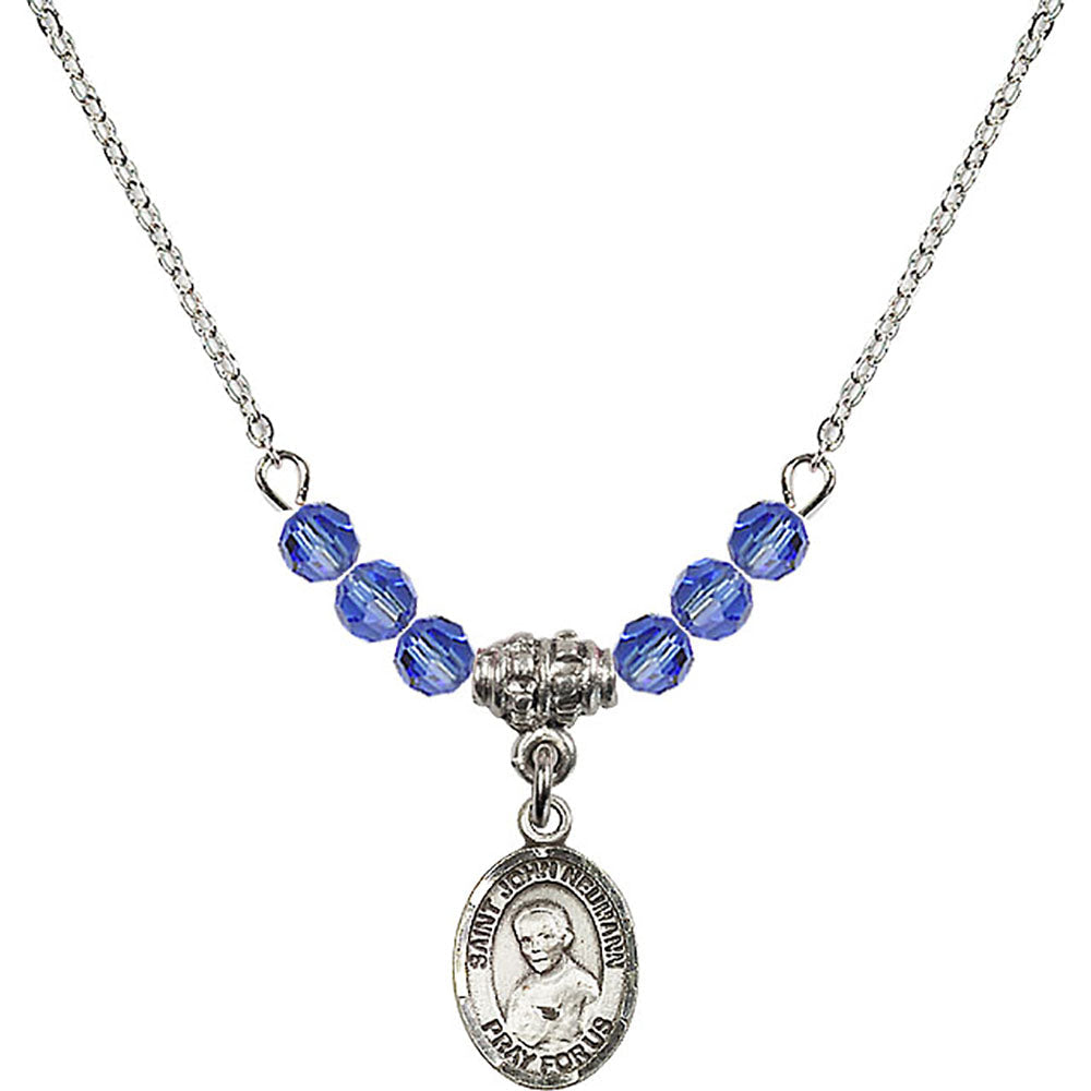 Sterling Silver Saint John Neumann Birthstone Necklace with Sapphire Beads - 9204