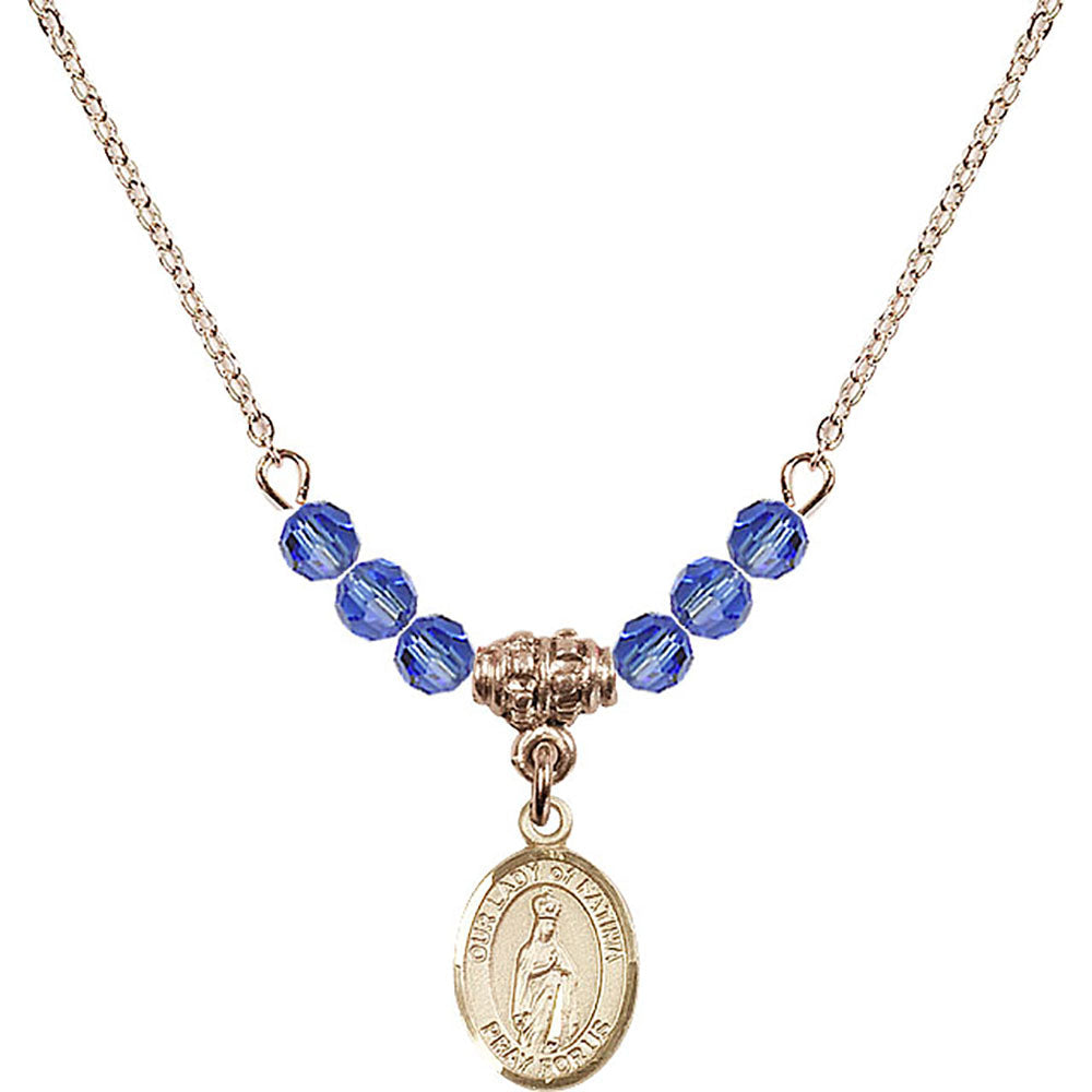 14kt Gold Filled Our Lady of Fatima Birthstone Necklace with Sapphire Beads - 9205
