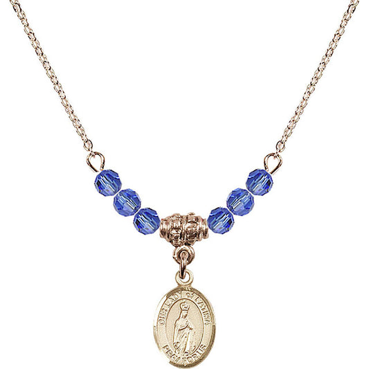 14kt Gold Filled Our Lady of Fatima Birthstone Necklace with Sapphire Beads - 9205