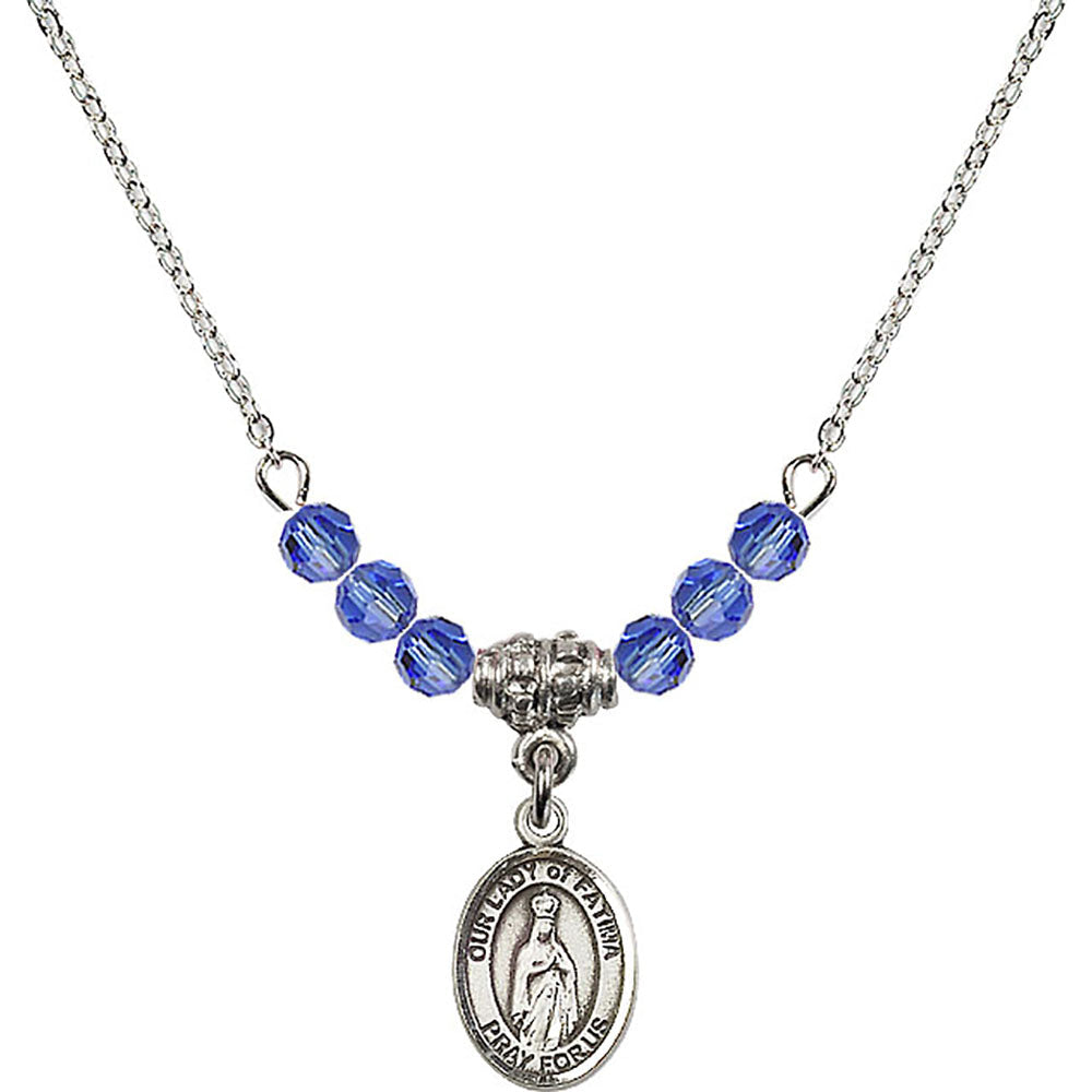 Sterling Silver Our Lady of Fatima Birthstone Necklace with Sapphire Beads - 9205