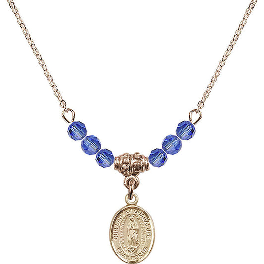 14kt Gold Filled Our Lady of Guadalupe Birthstone Necklace with Sapphire Beads - 9206