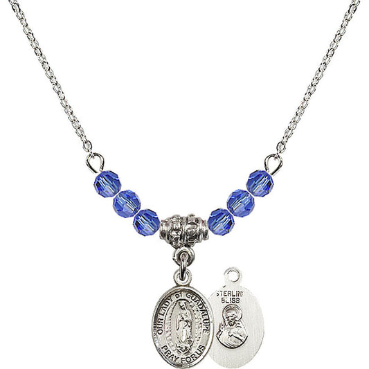Sterling Silver Our Lady of Guadalupe Birthstone Necklace with Sapphire Beads - 9206