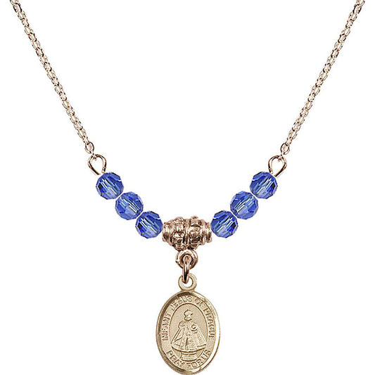 14kt Gold Filled Infant of Prague Birthstone Necklace with Sapphire Beads - 9207