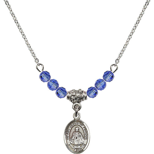 Sterling Silver Infant of Prague Birthstone Necklace with Sapphire Beads - 9207