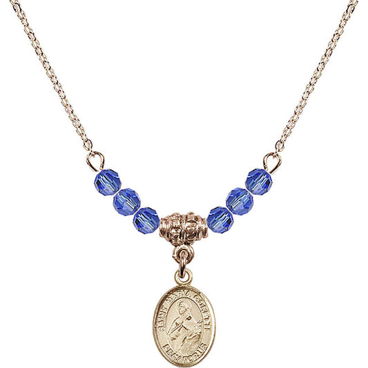 14kt Gold Filled Saint Maria Goretti Birthstone Necklace with Sapphire Beads - 9208