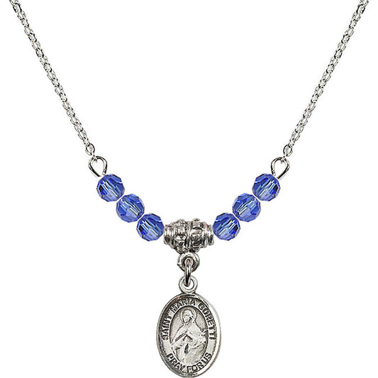 Sterling Silver Saint Maria Goretti Birthstone Necklace with Sapphire Beads - 9208