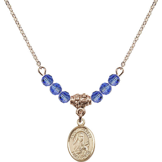 14kt Gold Filled Saint Therese of Lisieux Birthstone Necklace with Sapphire Beads - 9210