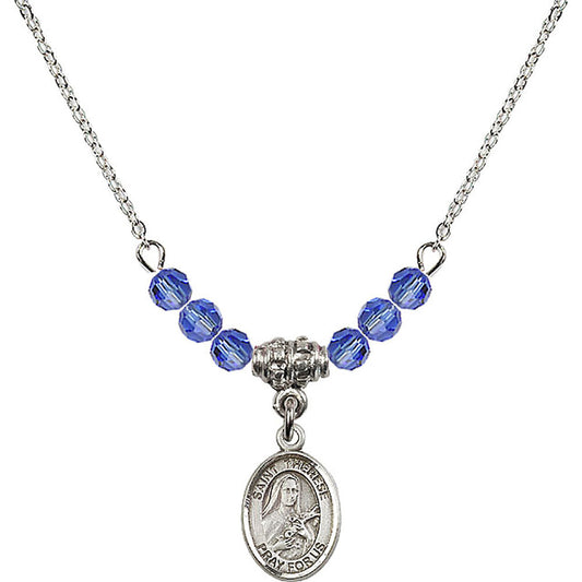 Sterling Silver Saint Therese of Lisieux Birthstone Necklace with Sapphire Beads - 9210