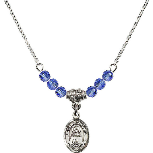 Sterling Silver Saint Anastasia Birthstone Necklace with Sapphire Beads - 9213